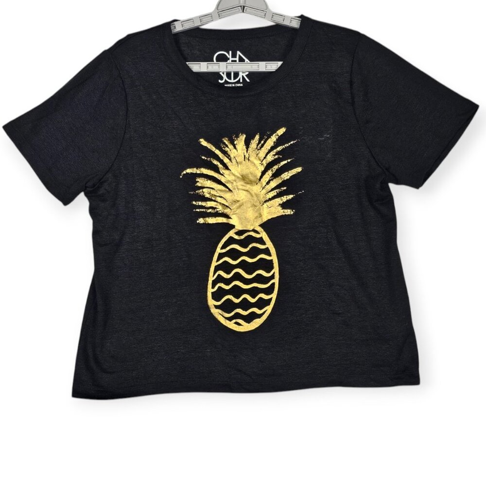 Chaser T-Shirt - Women's Large - Gold Pineapple Graphic - Black Linen Blend NWT